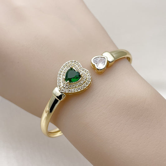 Oro Laminado Individual Bangle, Gold Filled Style Heart and Cluster Design, with Green and White Cubic Zirconia, Polished, Golden