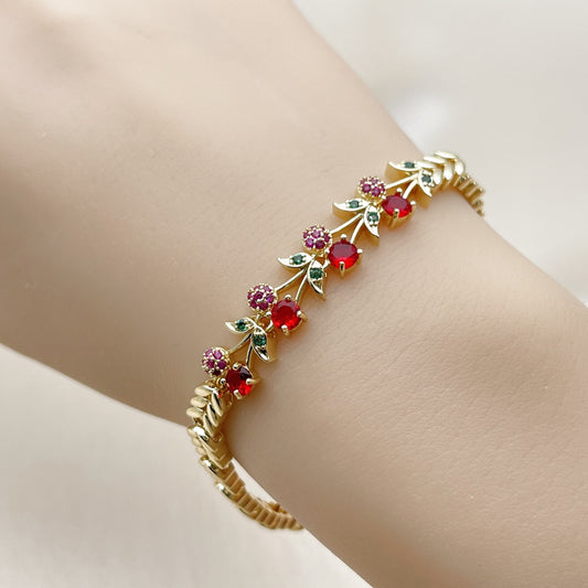 Oro Laminado Fancy Bracelet, Gold Filled Style Cherry Design, with Ruby and Green Cubic Zirconia, Polished, Golden