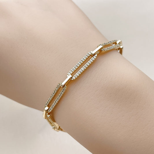 Oro Laminado Tennis Bracelet, Gold Filled Style Paperclip Design, with White Micro Pave, Polished, Golden Finish