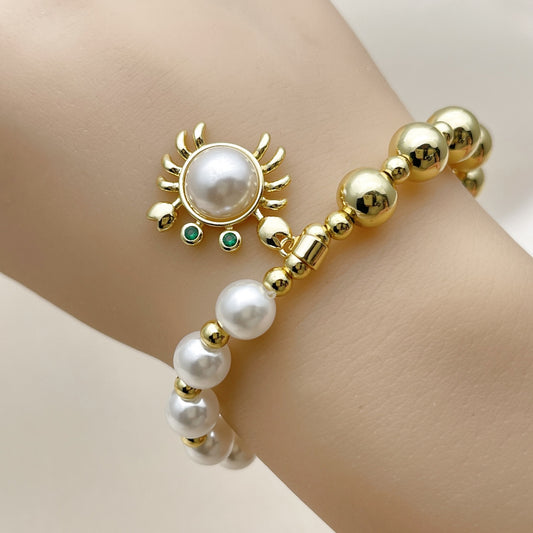 Oro Laminado Fancy Bracelet, Gold Filled Style Expandable Bead and Ball Design, with Ivory Pearl and Green Cubic Zirconia, Polished, Golden