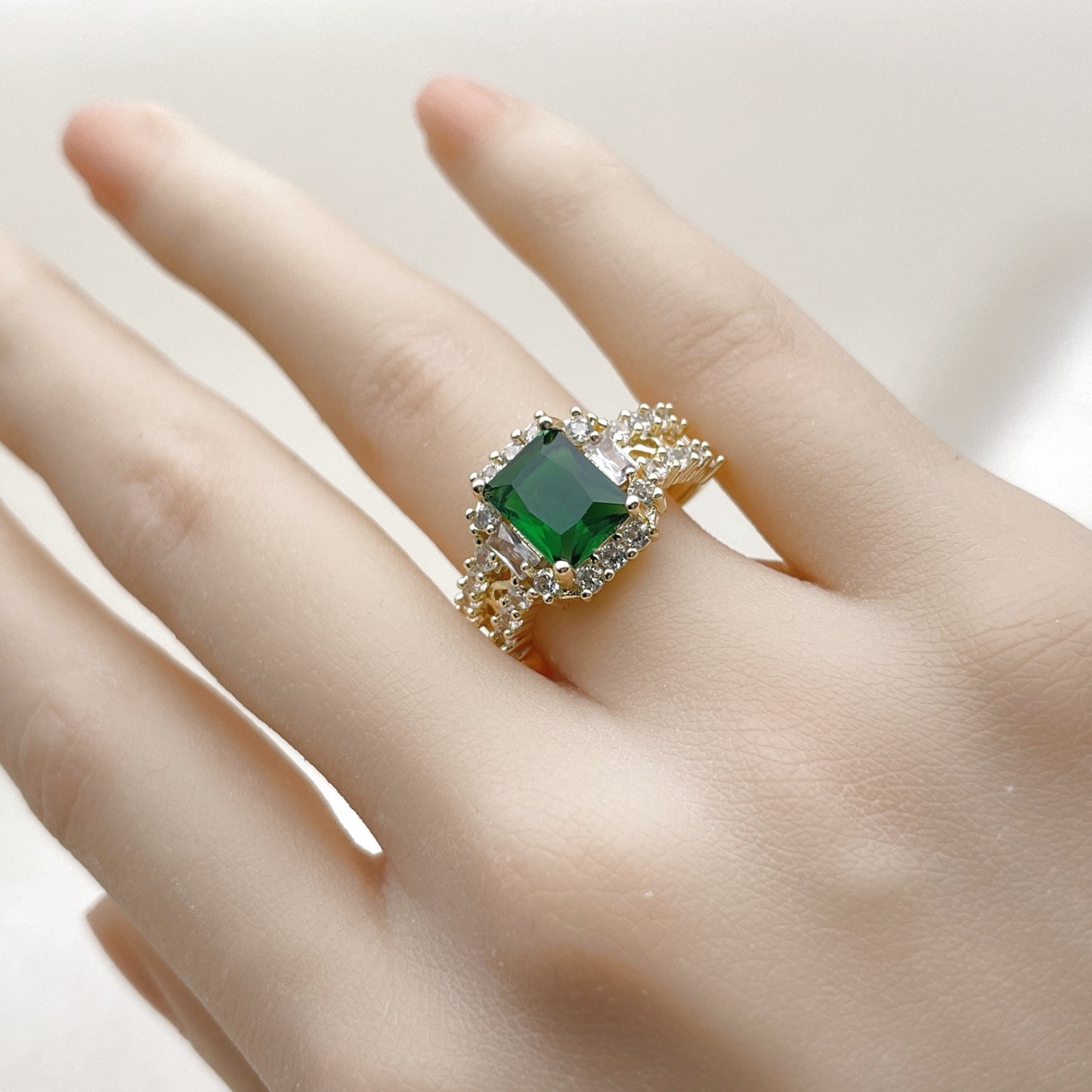 Oro Laminado Multi Stone Ring, Gold Filled Style Cluster and Baguette Design, with Green and White Cubic Zirconia, Polished, Golden
