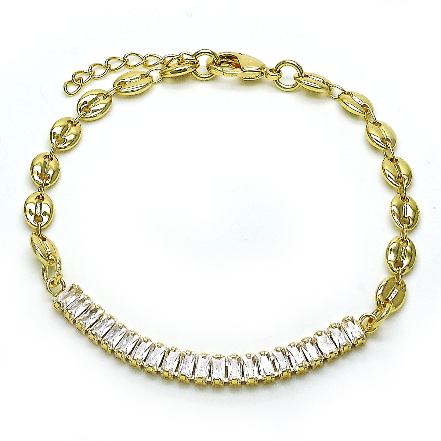 Oro Laminado Fancy Bracelet, Gold Filled Style Puff Mariner Design, with White Cubic Zirconia, Polished, Golden Finish
