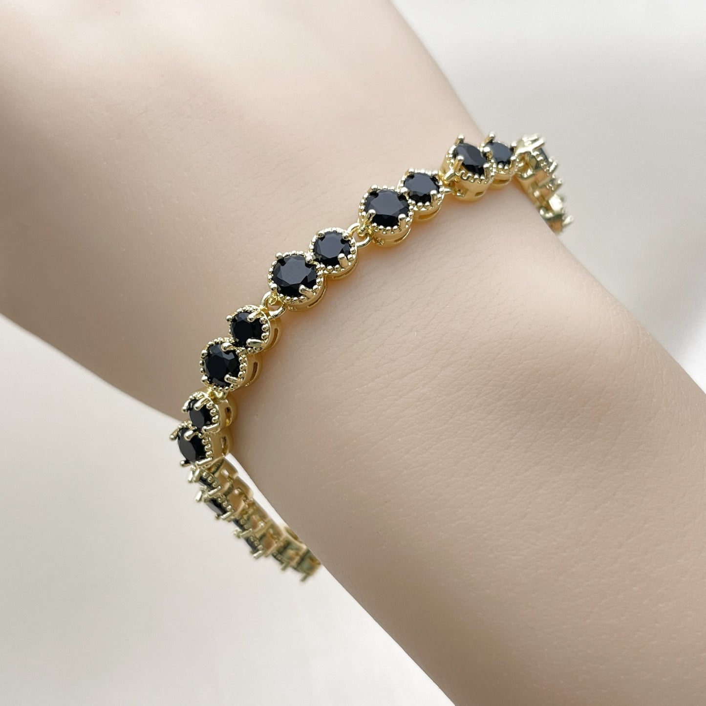 Oro Laminado Tennis Bracelet, Gold Filled Style with Black Cubic Zirconia, Polished, Golden