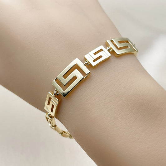 Oro Laminado Fancy Bracelet, Gold Filled Style Greek Key Design, Polished, Golden