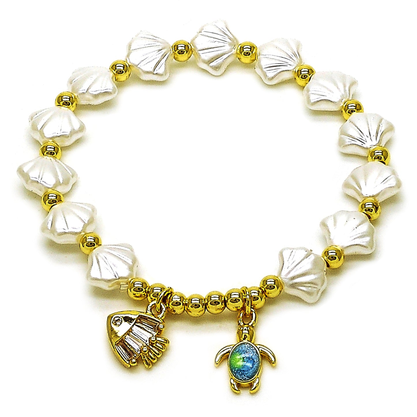 Gold Plated Gold Filled Oro Laminado Oro Laminado Fancy Bracelet, Gold Filled Style Shell and Turtle Design, with Ivory Pearl and White Cubic Zirconia, Polished, Golden