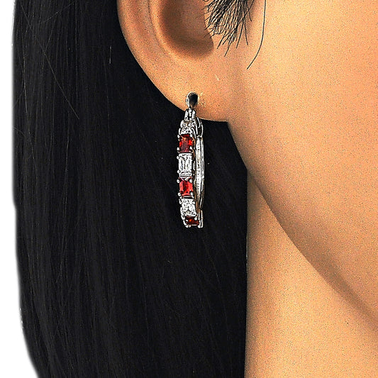 Rhodium Plated Small Hoop, with Garnet and White Cubic Zirconia, Polished, Rhodium Finish