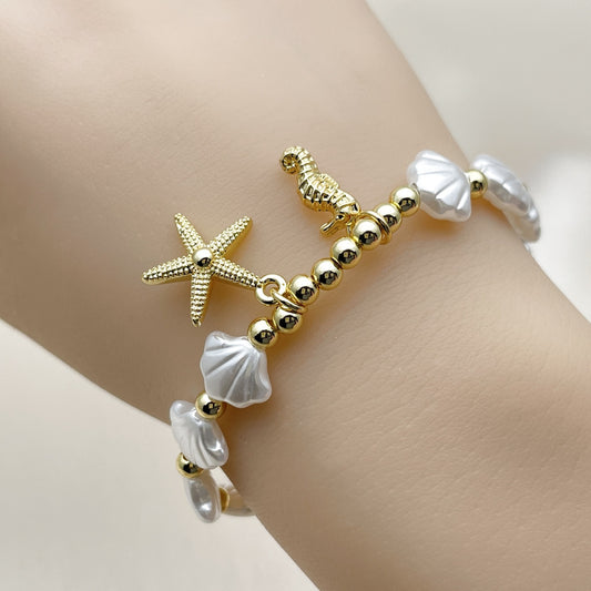 Oro Laminado Fancy Bracelet, Gold Filled Style Star Design, with Ivory Pearl, Polished, Golden Finish