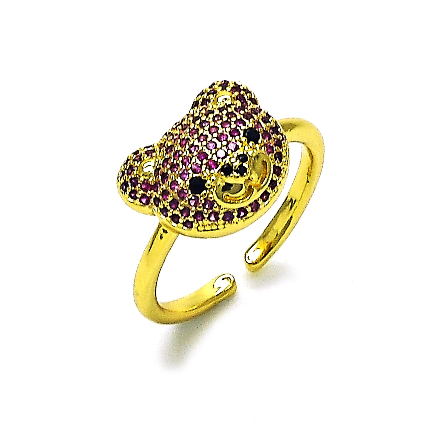 Oro Laminado Multi Stone Ring, Gold Filled Style Teddy Bear Design, with Ruby and Black Micro Pave, Polished, Golden Finish