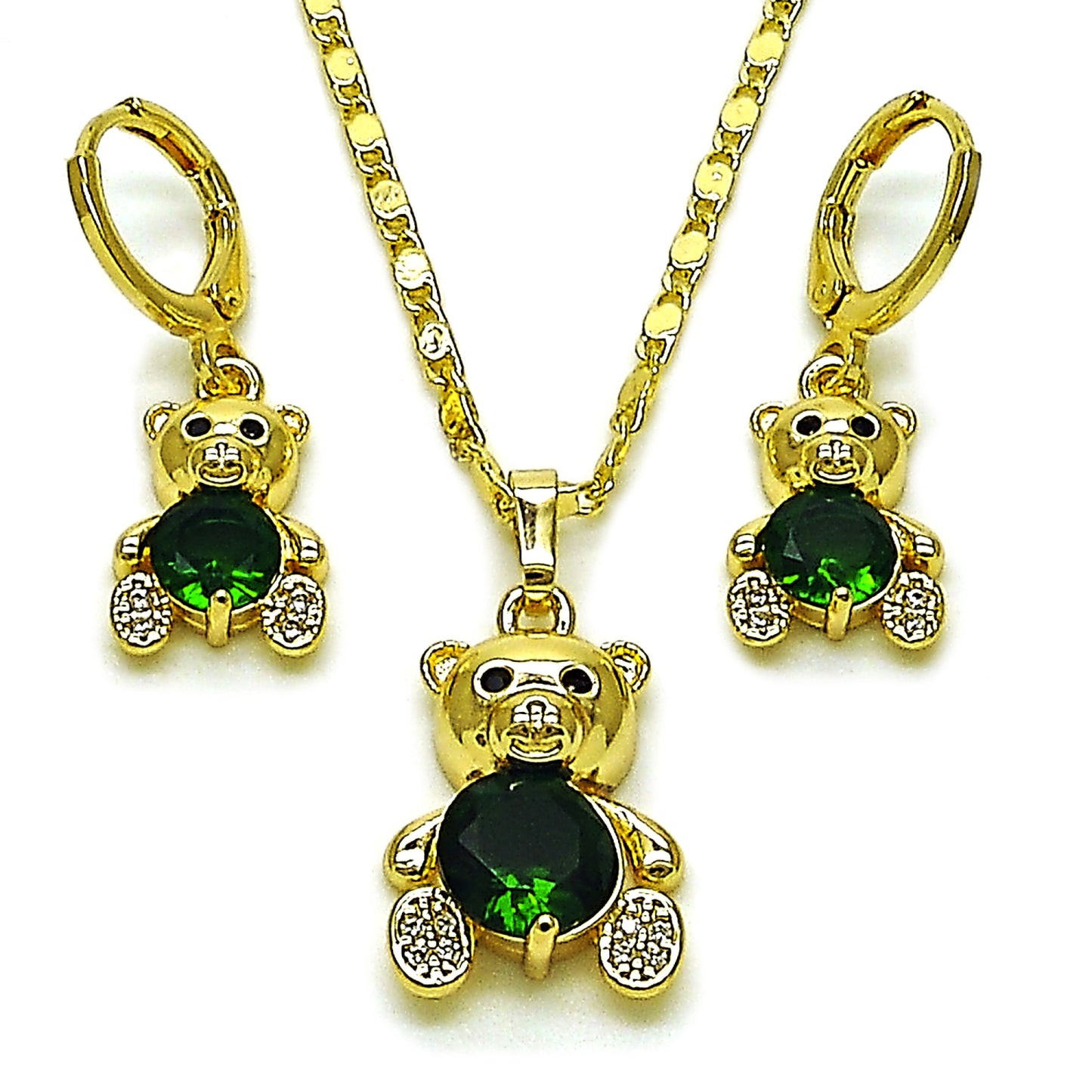 Gold Plated Gold Filled Oro Laminado Oro Laminado Earring and Pendant Adult Set, Gold Filled Style Teddy Bear Design, with Green and White Cubic Zirconia, Polished, Golden