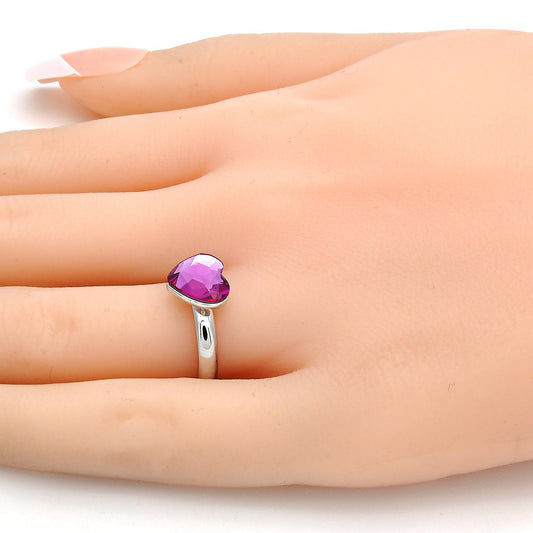 Rhodium Plated Multi Stone Ring, Heart Design, with Rose Swarovski Crystals, Polished, Rhodium Finish