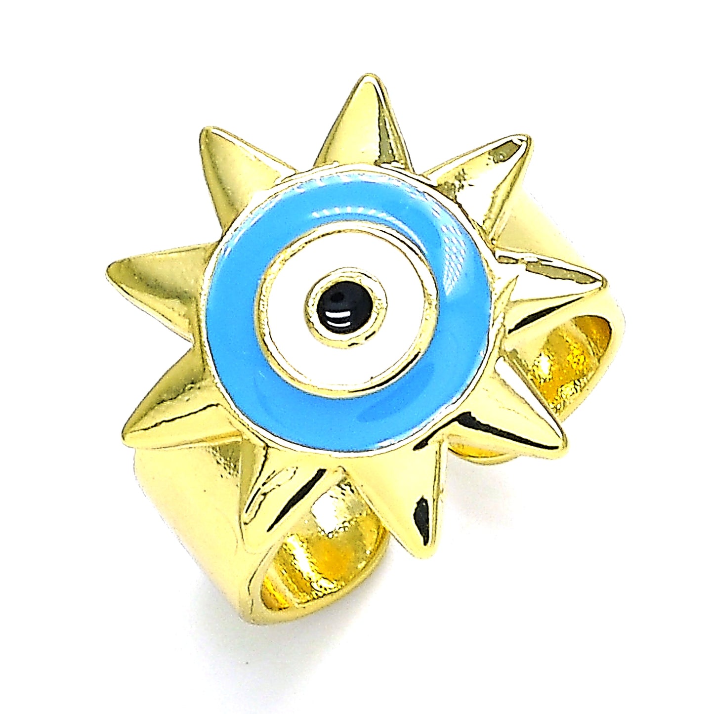Oro Laminado Elegant Ring, Gold Filled Style Sun and Evil Eye Design, Multicolor Enamel Finish