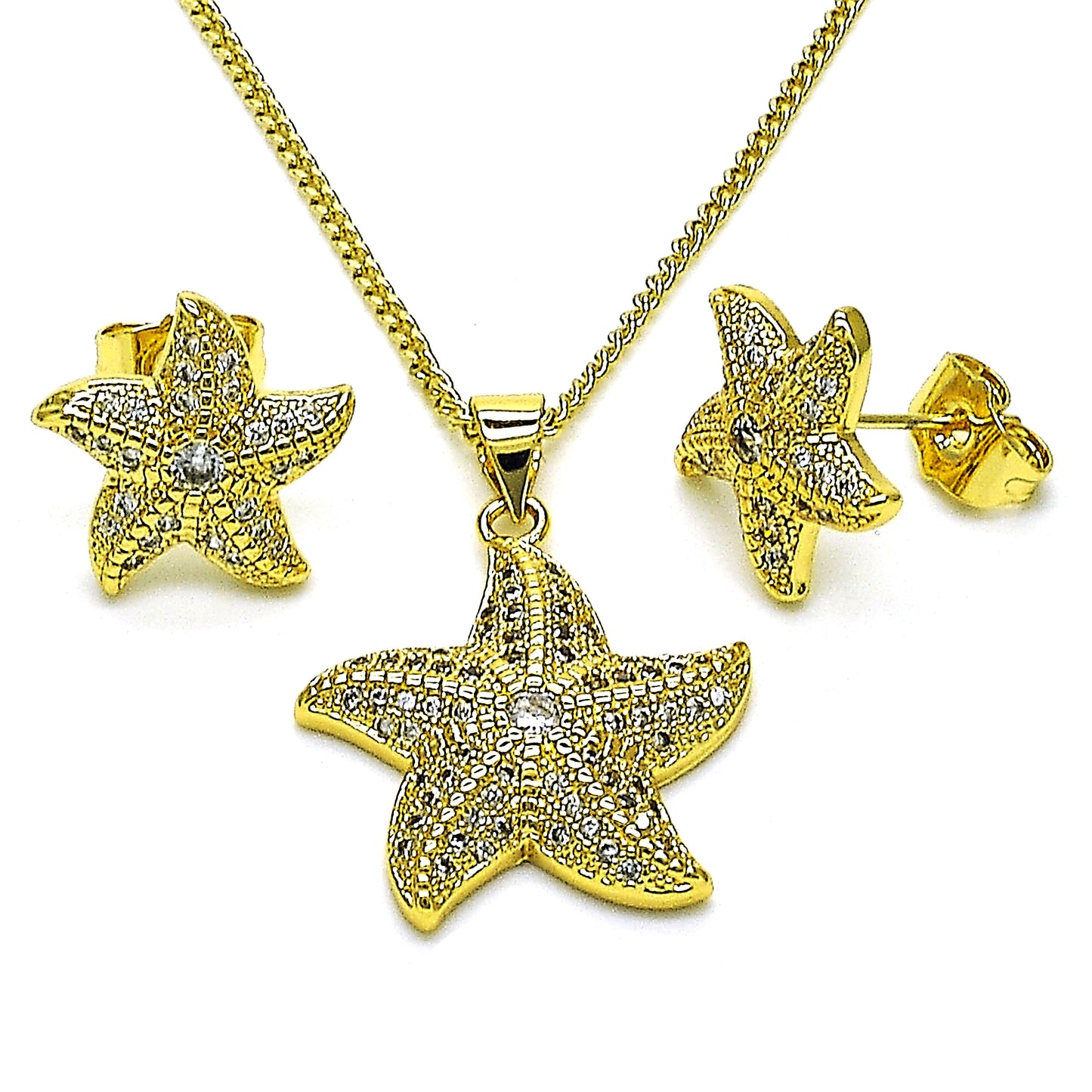 Oro Laminado Earring and Pendant Adult Set, Gold Filled Style Star Design, with White Micro Pave and White Cubic Zirconia, Polished, Golden Finish