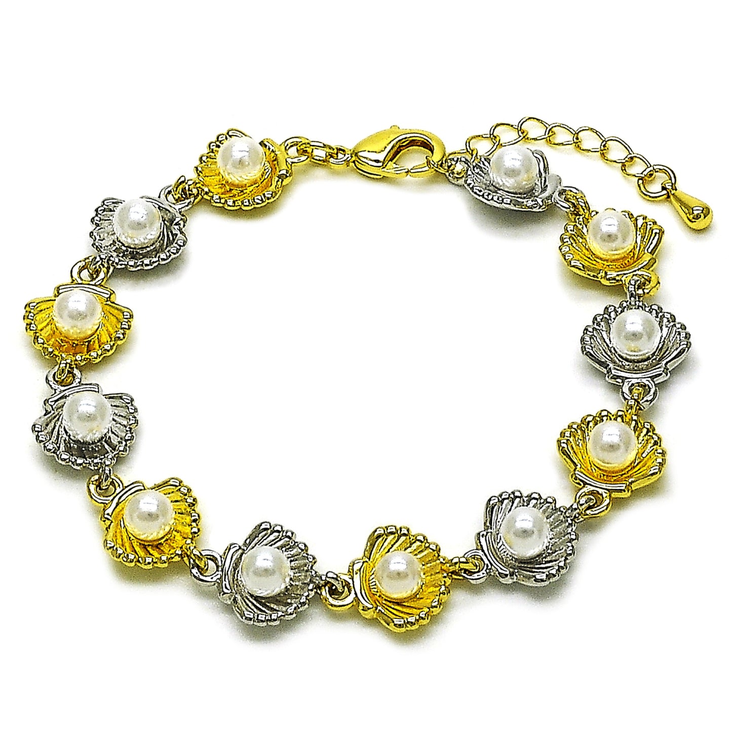 Oro Laminado Tennis Bracelet, Gold Filled Style Shell and Ball Design, with Ivory Pearl, Polished, Two Tone, 03.341.0246.07