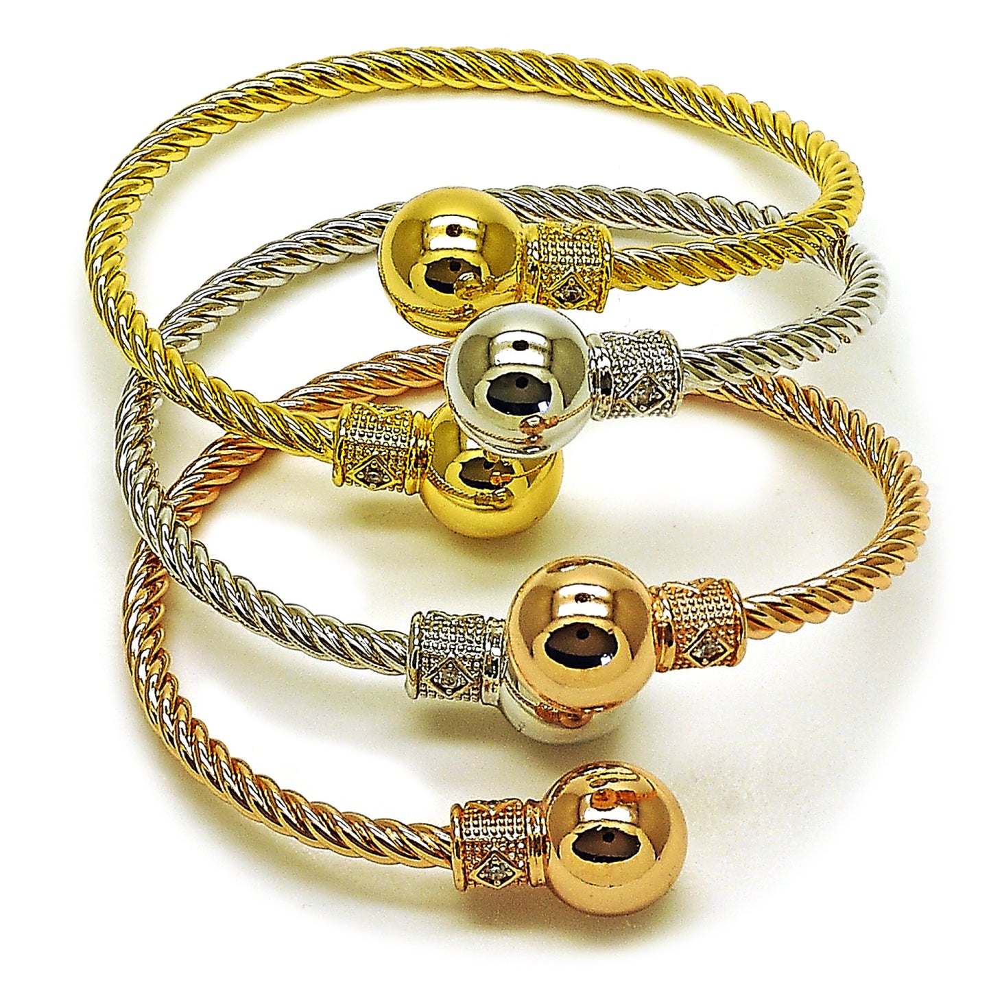 Gold Plated Gold Filled Oro Laminado Oro Laminado Trio Bangle, Gold Filled Style Ball and Twist Design, with White Cubic Zirconia, Polished, Tricolor, 07.282.0074