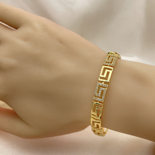 Oro Laminado Fancy Bracelet, Gold Filled Style Greek Key Design, with White Micro Pave, Polished, Golden Finish