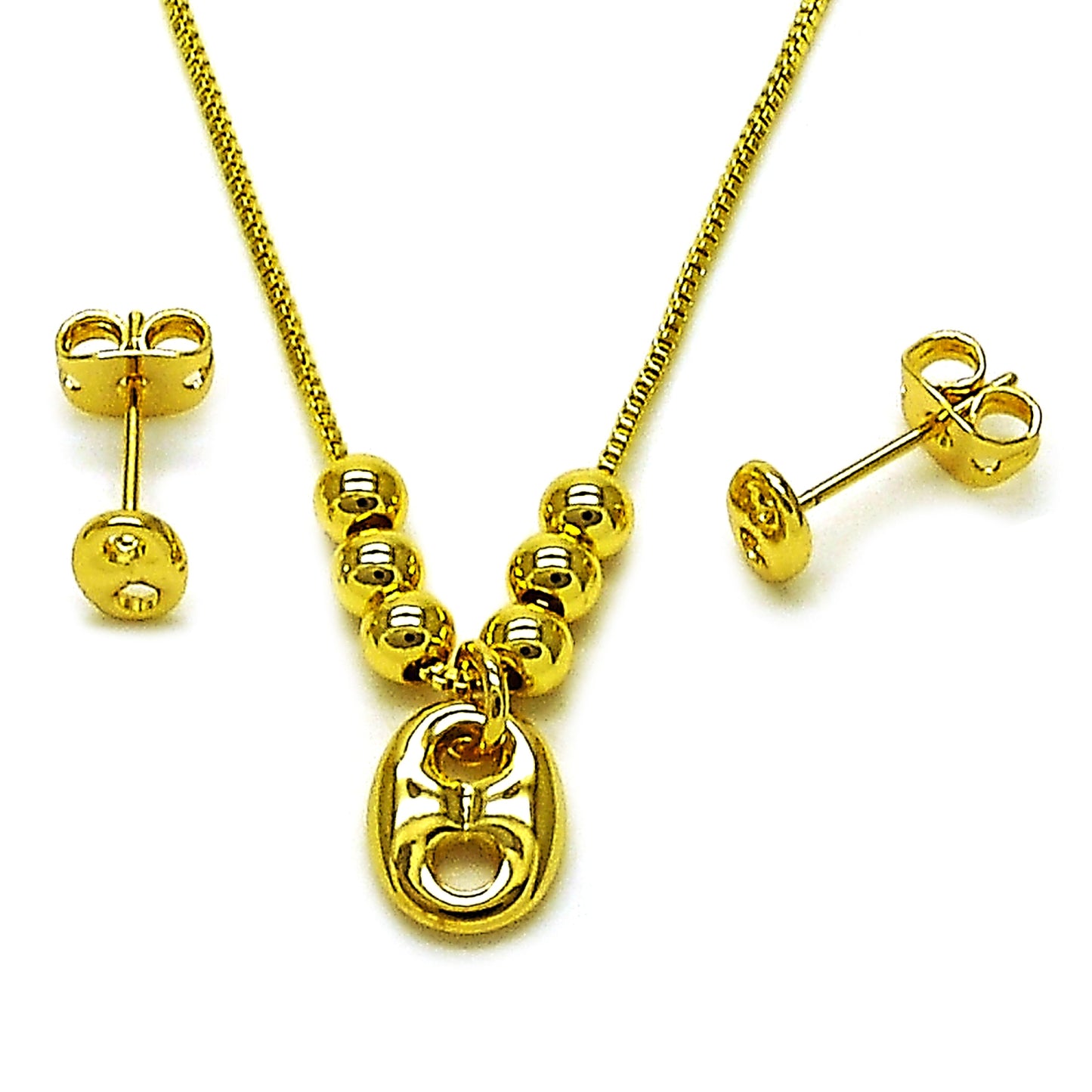 Oro Laminado Earring and Pendant Adult Set, Gold Filled Style Puff Mariner and Box Design, Polished, Golden Finish