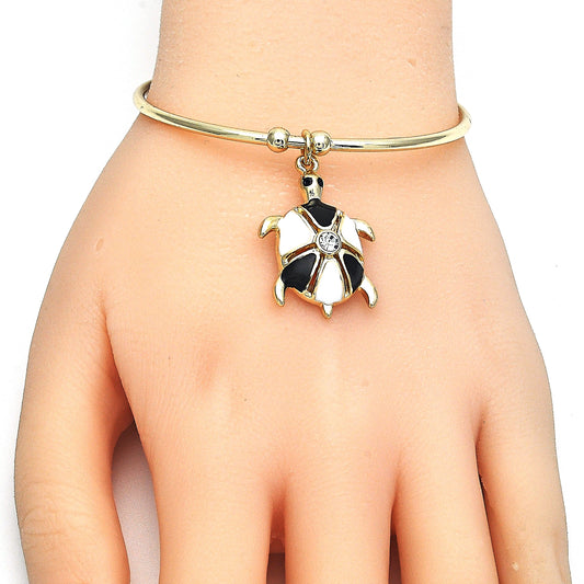 Oro Laminado Individual Bangle, Gold Filled Style Turtle Design, with White Crystal, Black Enamel