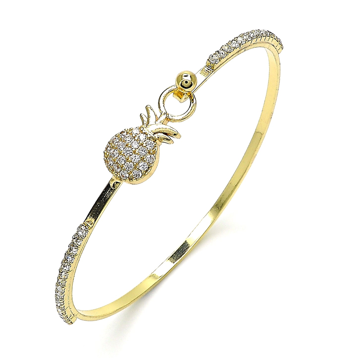 Oro Laminado Individual Bangle, Gold Filled Style Pineapple Design, with White Micro Pave and White Crystal, Polished, Golden Finish