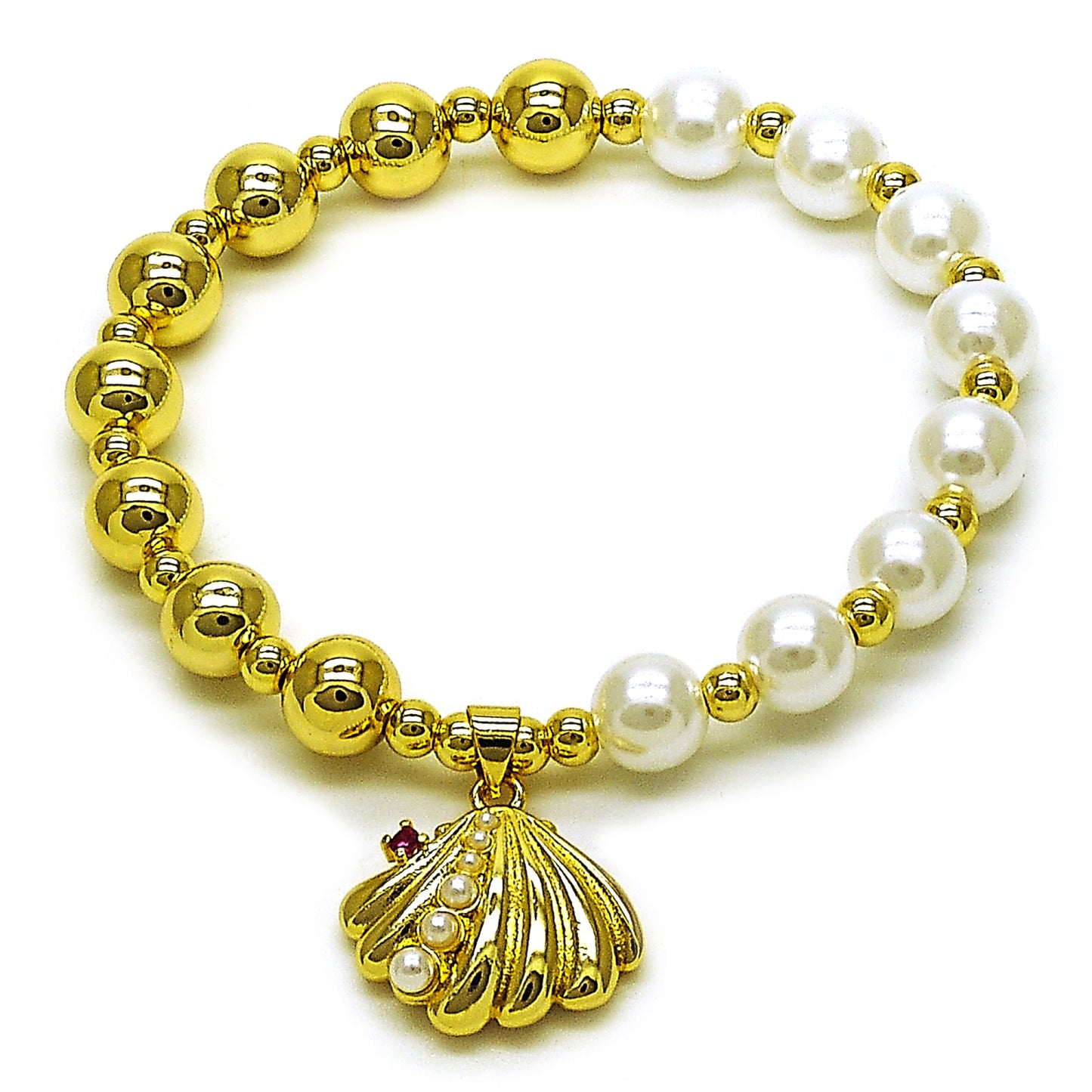 Oro Laminado Fancy Bracelet, Gold Filled Style Shell and Expandable Bead Design, with Ivory Pearl and Ruby Cubic Zirconia, Polished, Golden Finish