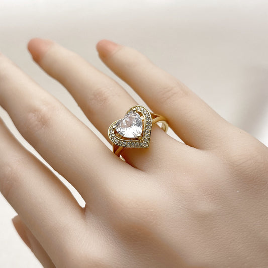 Oro Laminado Multi Stone Ring, Gold Filled Style Heart and Cluster Design, with White Cubic Zirconia and White Micro Pave, Polished, Golden