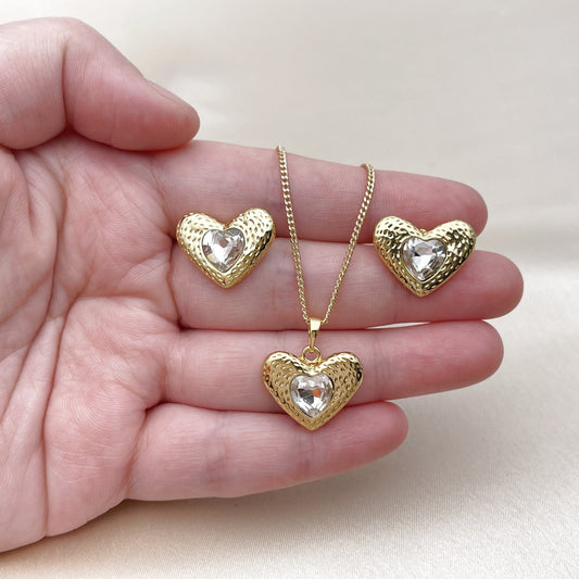 Oro Laminado Earring and Pendant Adult Set, Gold Filled Style Heart Design, with White Crystal, Polished, Golden