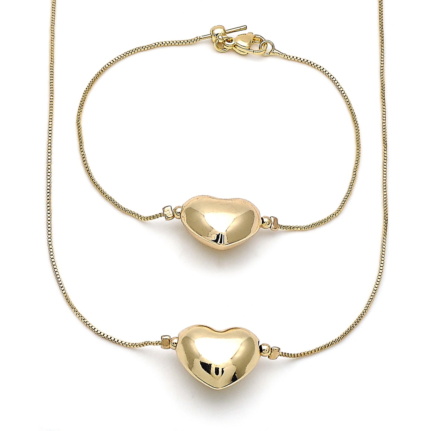 Oro Laminado Necklace and Bracelet, Gold Filled Style Heart and Box Design, Polished, Golden Finish