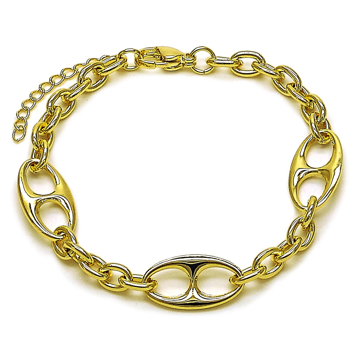 Oro Laminado Fancy Bracelet, Gold Filled Style Mariner and Rolo Design, Polished, Golden Finish