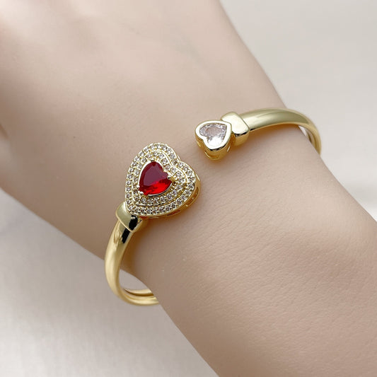 Oro Laminado Individual Bangle, Gold Filled Style Heart and Cluster Design, with Garnet and White Cubic Zirconia, Polished, Golden