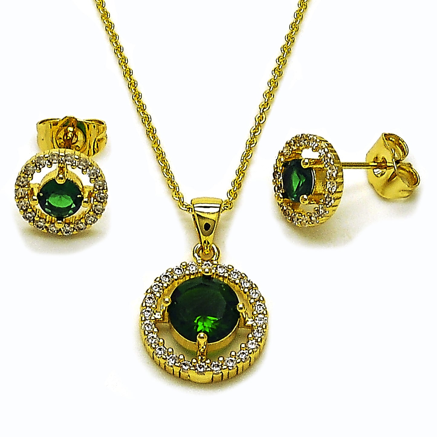 Oro Laminado Earring and Pendant Adult Set, Gold Filled Style Cluster Design, with Green and White Cubic Zirconia, Polished, Golden Finish