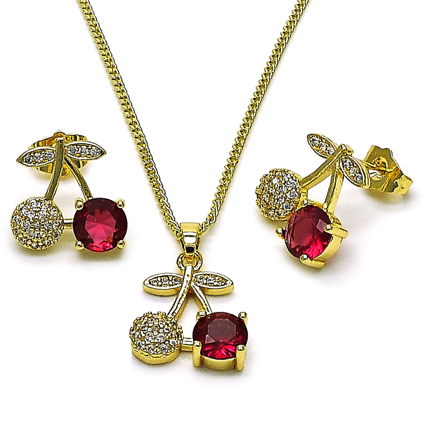 Oro Laminado Earring and Pendant Adult Set, Gold Filled Style Cherry Design, with Ruby Cubic Zirconia and White Micro Pave, Polished,, 10.283.0024