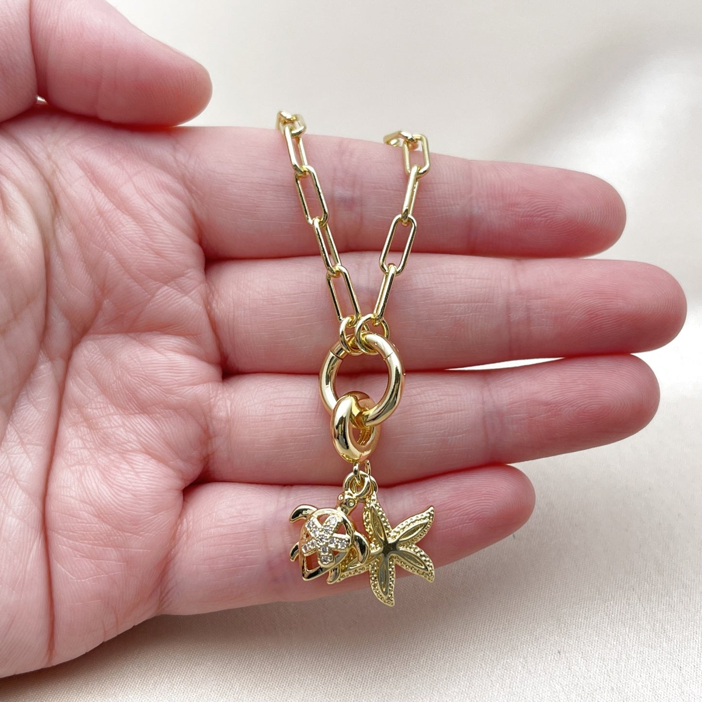 Oro Laminado Fancy Necklace, Gold Filled Style Turtle and Star Design, with White Micro Pave, Polished, Golden Finish