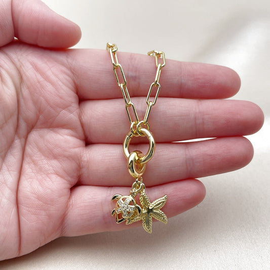 Oro Laminado Fancy Necklace, Gold Filled Style Turtle and Star Design, with White Micro Pave, Polished, Golden Finish
