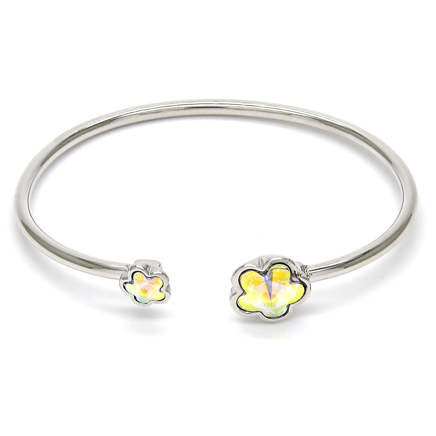Rhodium Plated Individual Bangle, Flower Design, with Luminous Green Swarovski Crystals, Polished, Rhodium Finish
