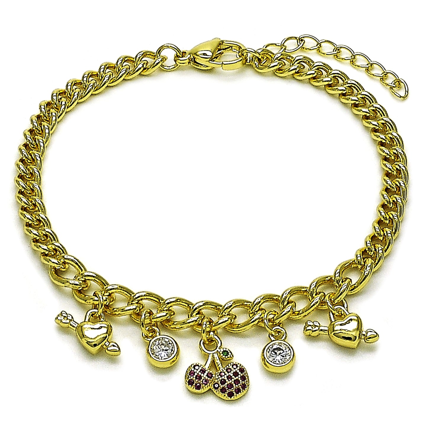 Gold Plated Gold Filled Oro Laminado Oro Laminado Charm Bracelet, Gold Filled Style Cherry and Heart Design, with White Cubic Zirconia and Ruby Micro Pave, Polished, Golden