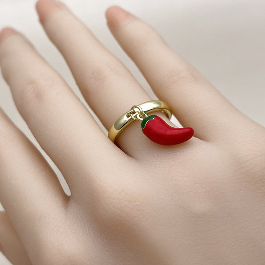 Oro Laminado Elegant Ring, Gold Filled Style Chili Design, Red Enamel Finish