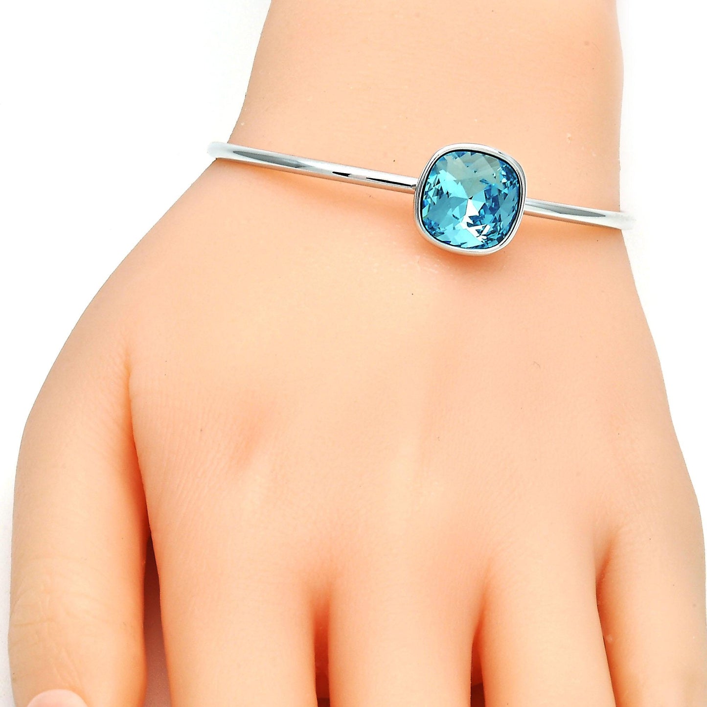 Rhodium Plated Individual Bangle, with Light Turquoise Swarovski Crystals, Polished, Rhodium Finish