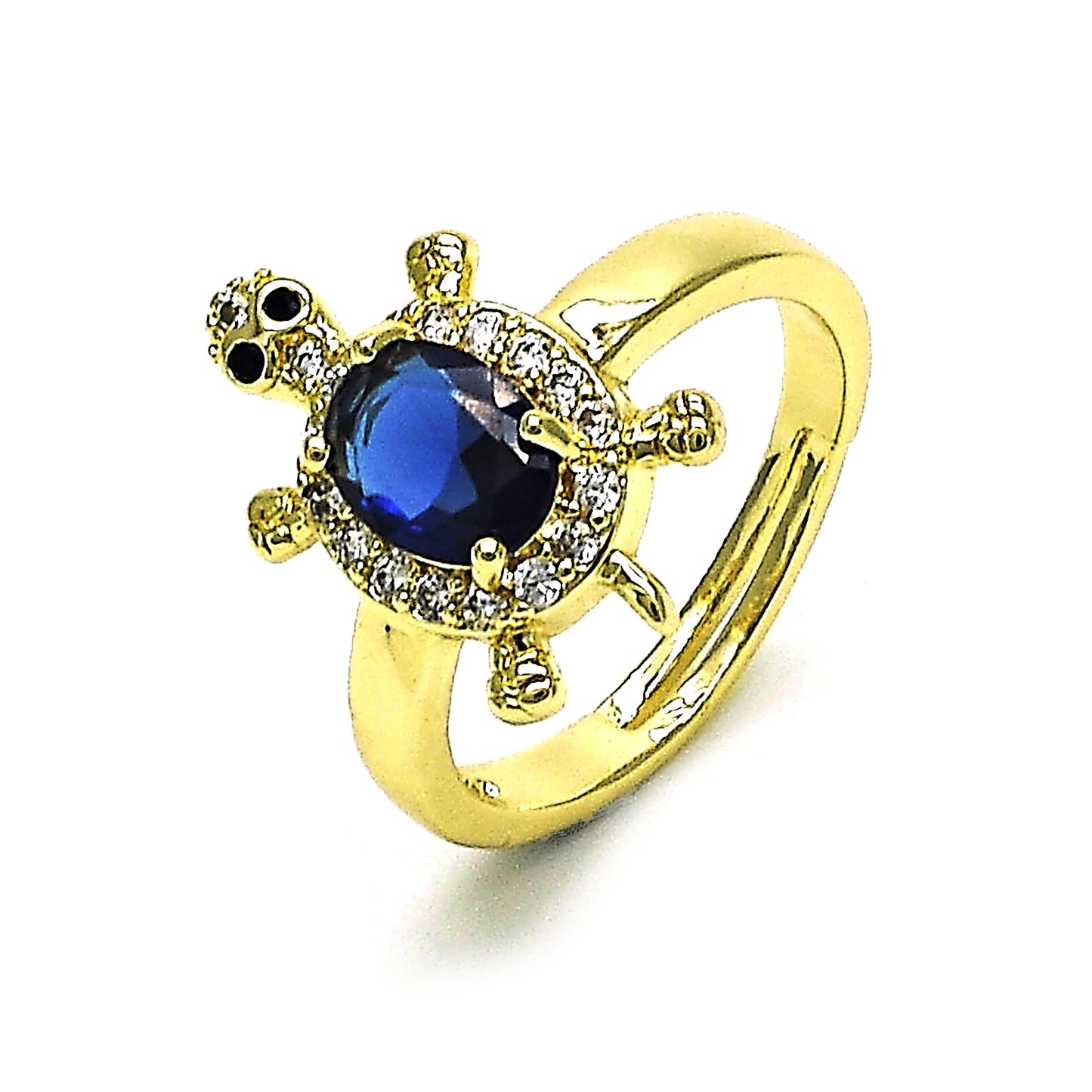 Oro Laminado Multi Stone Ring, Gold Filled Style Turtle Design, with Sapphire Blue Cubic Zirconia and White Micro Pave, Polished, Golden Finish