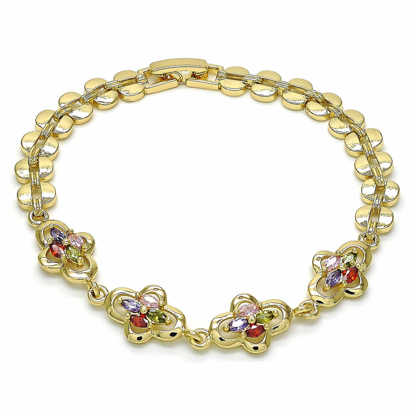 Gold Plated Gold Filled Oro Laminado Oro Laminado Fancy Bracelet, Gold Filled Style with Multicolor Cubic Zirconia, Polished, Golden