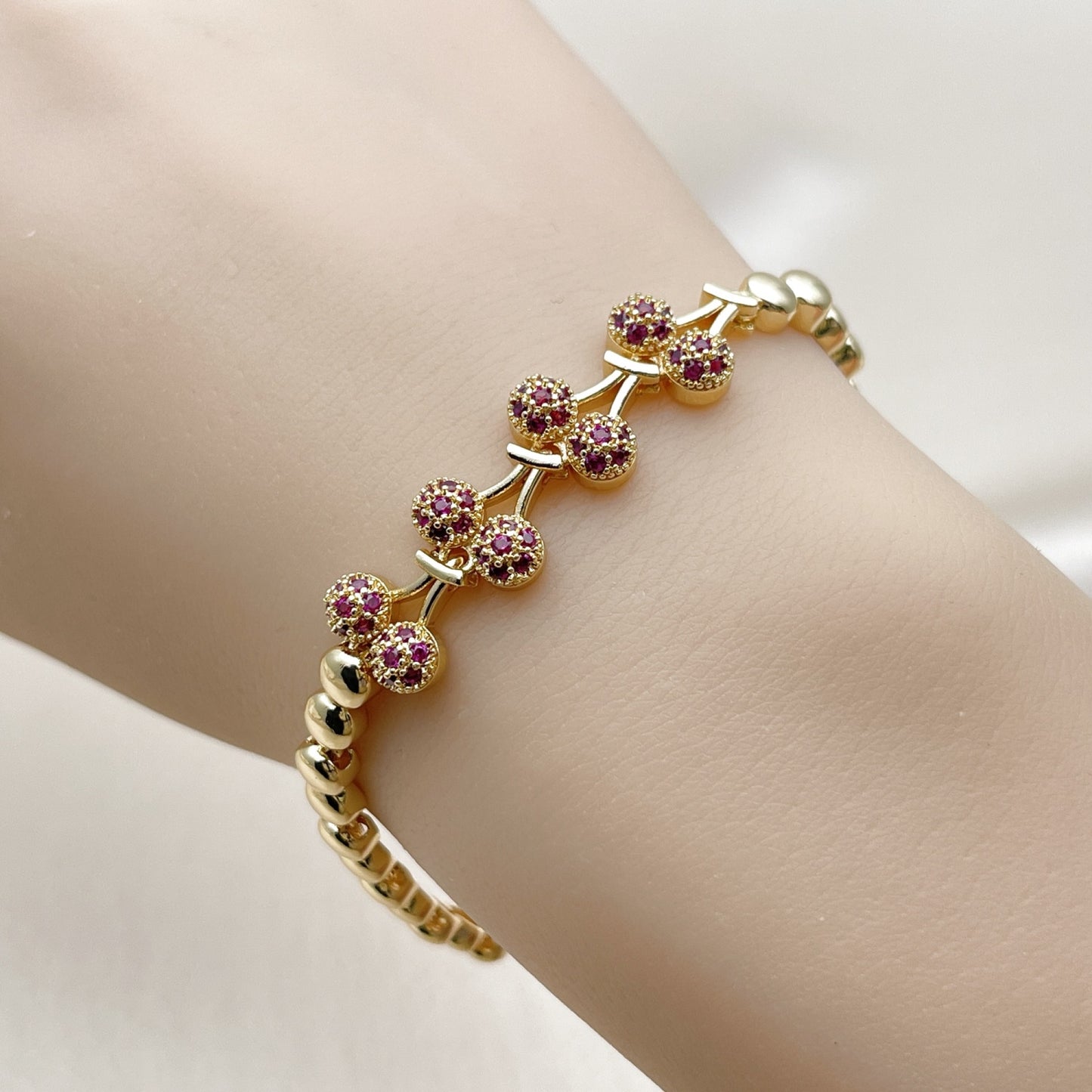 Oro Laminado Fancy Bracelet, Gold Filled Style Cherry Design, with Ruby Cubic Zirconia, Polished, Golden Finish