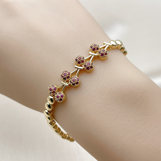 Oro Laminado Fancy Bracelet, Gold Filled Style Cherry Design, with Ruby Cubic Zirconia, Polished, Golden Finish