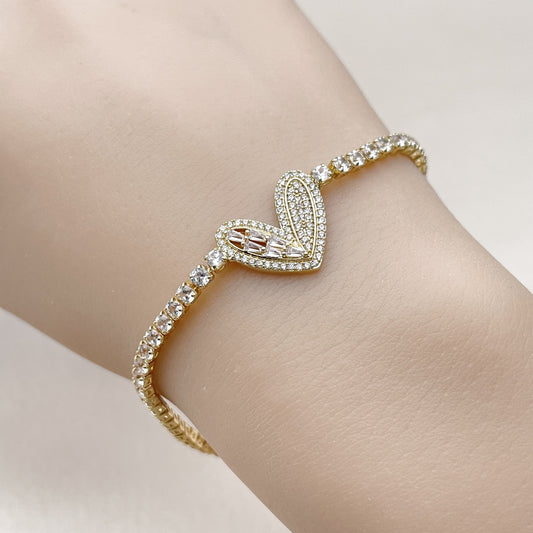 Oro Laminado Fancy Bracelet, Gold Filled Style Heart and Baguette Design, with White Cubic Zirconia and White Micro Pave, Polished, Golden