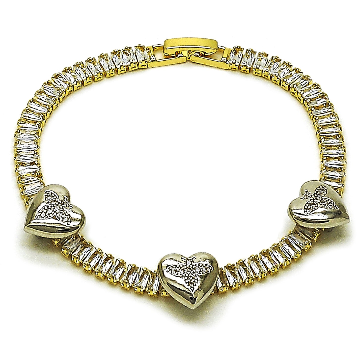 Gold Plated Gold Filled Oro Laminado Oro Laminado Tennis Bracelet, Gold Filled Style Heart and Baguette Design, with White Cubic Zirconia and White Micro Pave, Polished, Two Tone, 03.284.0063.07