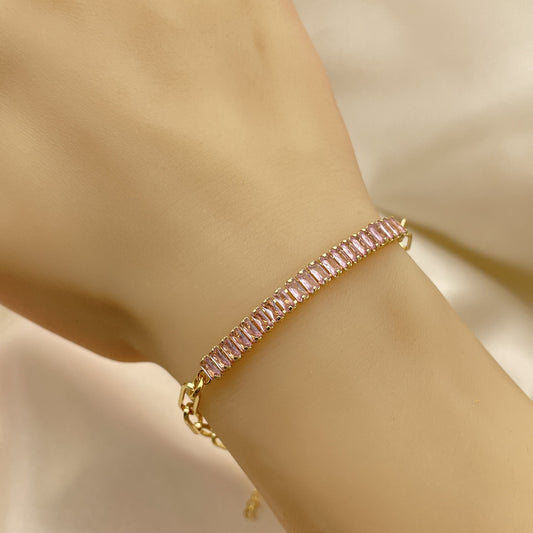 Oro Laminado Fancy Bracelet, Gold Filled Style Paperclip Design, with Pink Cubic Zirconia, Polished, Golden Finish