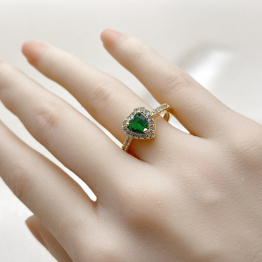 Oro Laminado Wedding Ring, Gold Filled Style Heart and Cluster Design, with Green and White Cubic Zirconia, Polished, Golden Finish