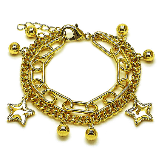 Gold Plated Gold Filled Oro Laminado Oro Laminado Charm Bracelet, Gold Filled Style Star and Miami Cuban Design, Polished, Golden