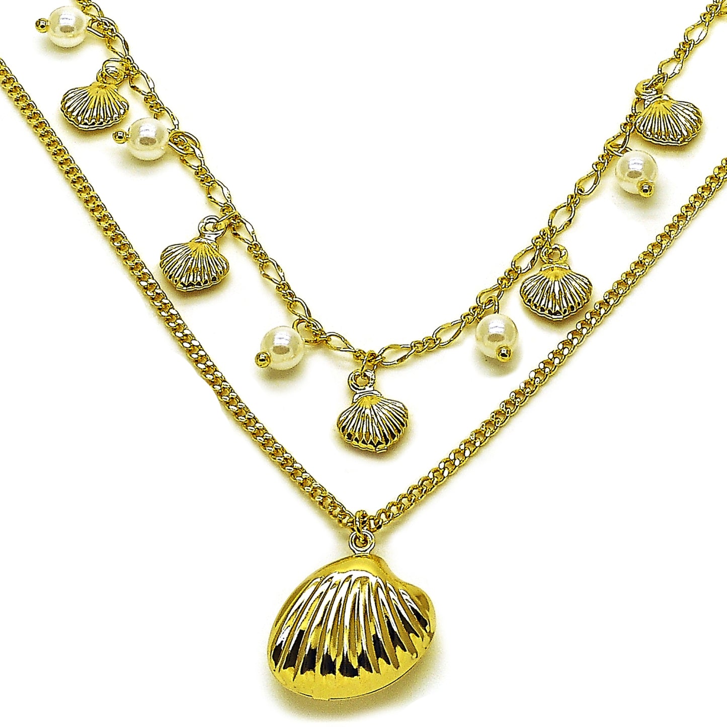 Oro Laminado Fancy Necklace, Gold Filled Style Shell and Miami Cuban Design, with Ivory Pearl, Polished, Golden Finish
