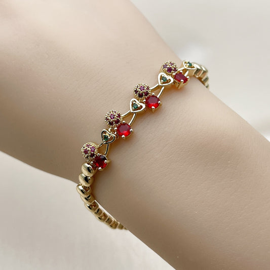 Oro Laminado Fancy Bracelet, Gold Filled Style Cherry and Heart Design, with Garnet and Ruby Cubic Zirconia, Polished, Golden