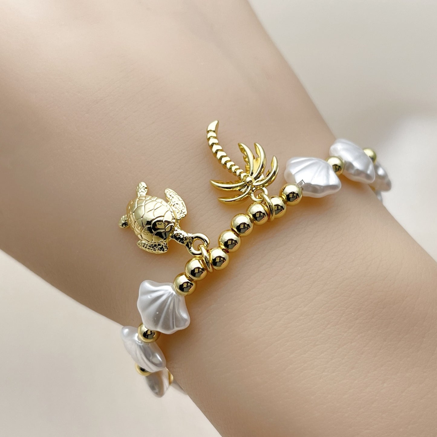 Oro Laminado Fancy Bracelet, Gold Filled Style Turtle and Palm Tree Design, with Ivory Pearl, Polished, Golden Finish