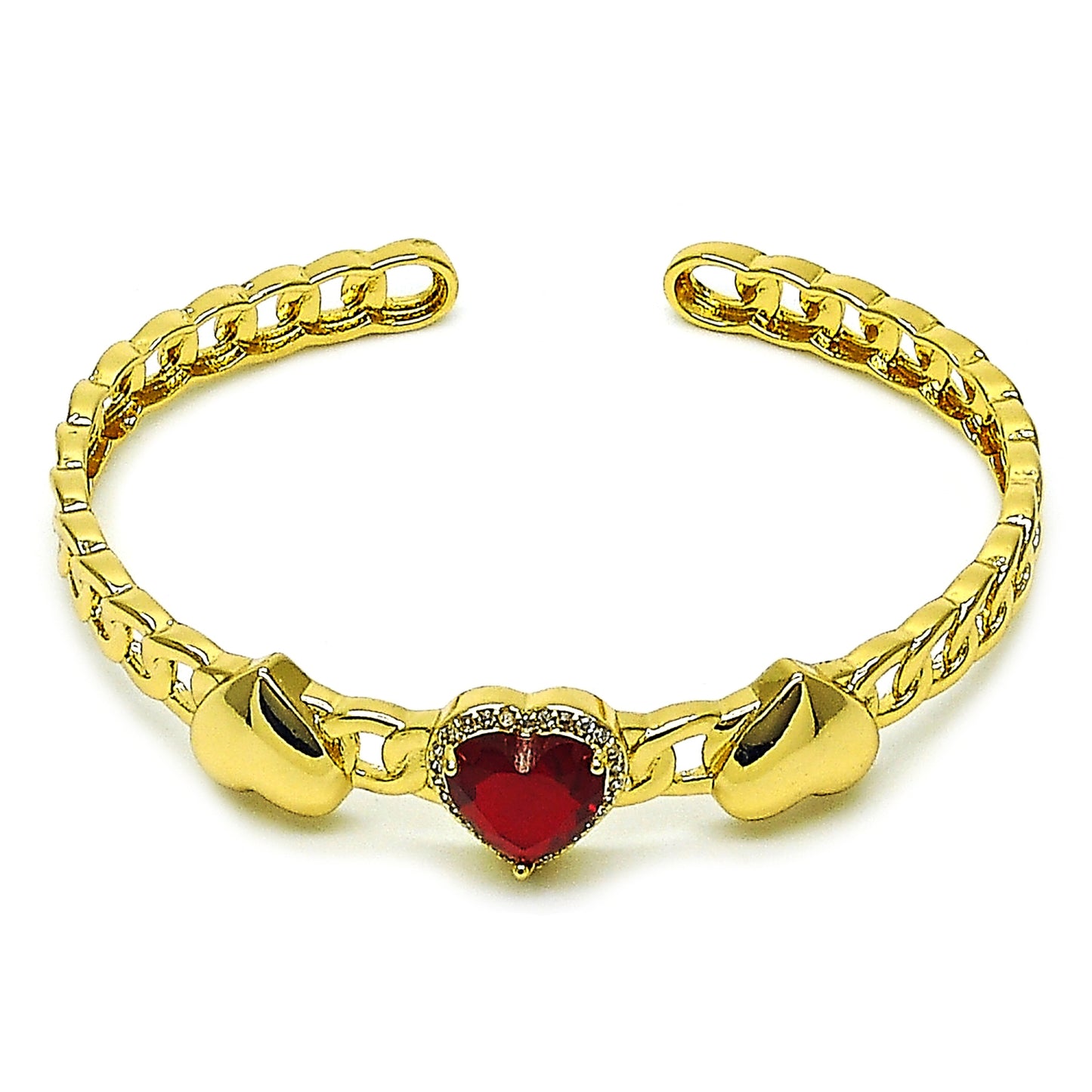 Gold Plated Gold Filled Oro Laminado Oro Laminado Individual Bangle, Gold Filled Style Heart and Cluster Design, with Garnet Cubic Zirconia and White Micro Pave, Polished, Golden