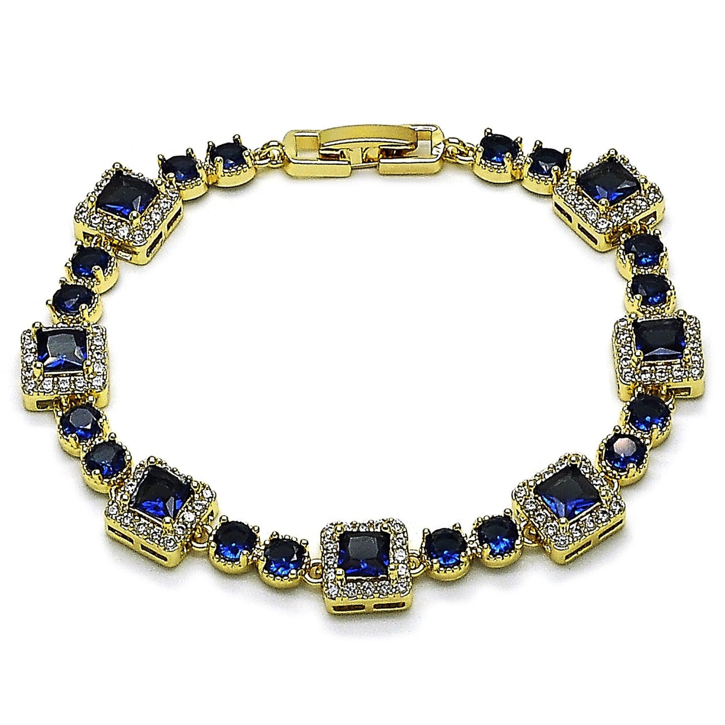 Oro Laminado Tennis Bracelet, Gold Filled Style Cluster Design, with Sapphire Blue and White Cubic Zirconia, Polished, Golden Finish